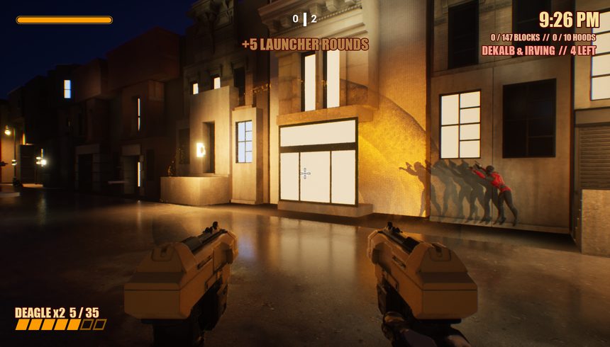 Dual golden Desert Eagles aimed at a thug by a lit shop front