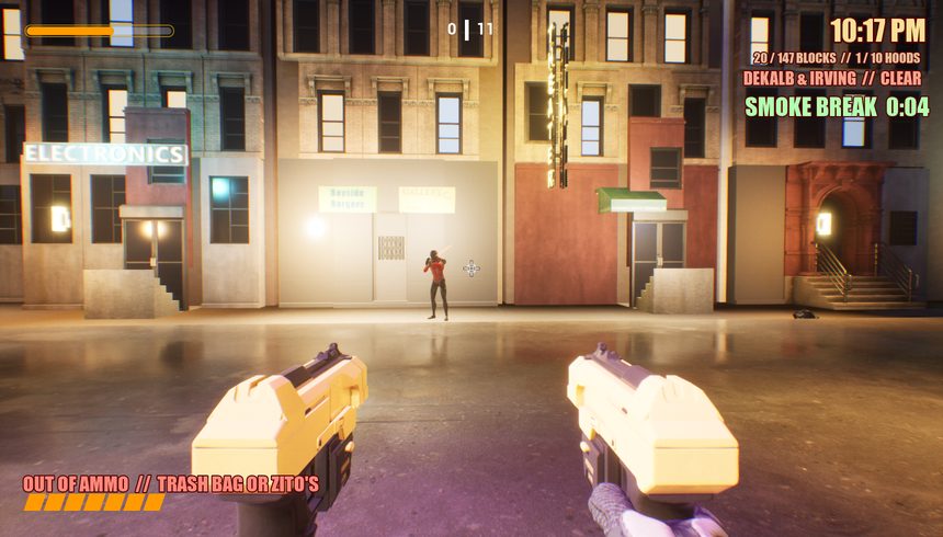 Out of ammo on a bright block of shops, a thug waiting in the street