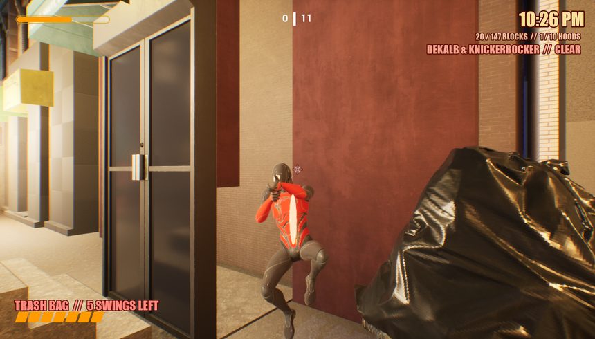 Swinging a black trash bag at a thug in a red tracksuit