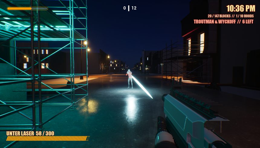 A cyan laser beam cutting down a dark street past scaffolding