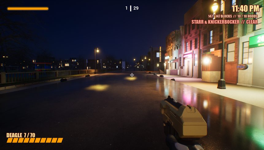 A wet corner at night with neon shop signs reflected in the street
